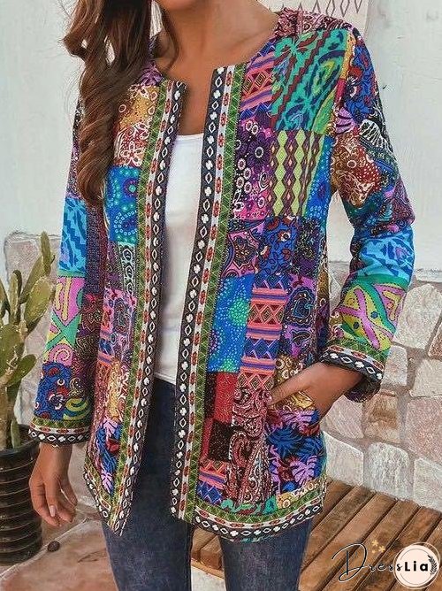 Jackets Retro Print Pocket Long Sleeve Cardigan Jacket for Women