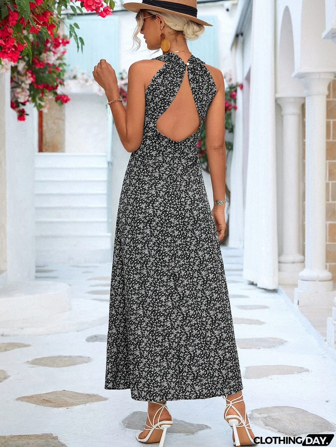 Printed Open Back Sleeveless Maxi Dress