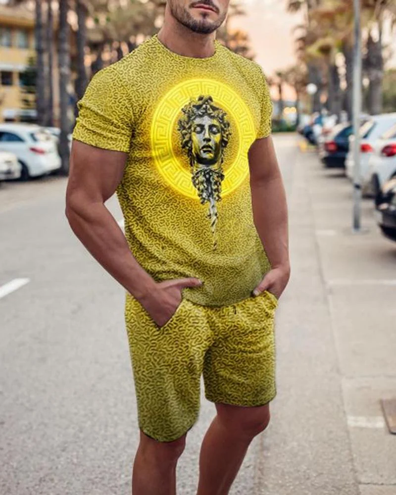 Men's Yellow Leopard Printed Sports Shorts Suit