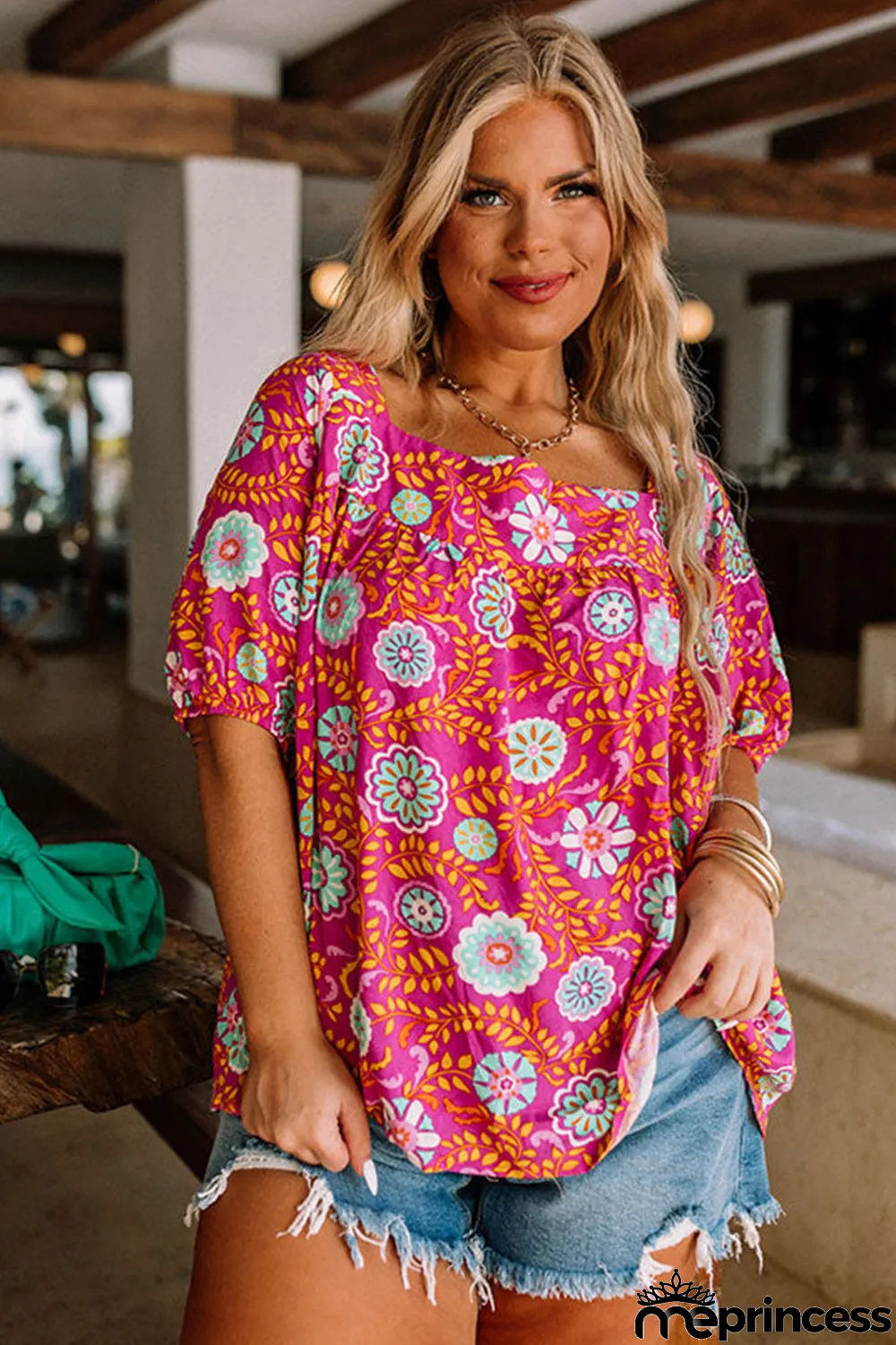 Rose Plus Size Floral Print Tie Back Blouse