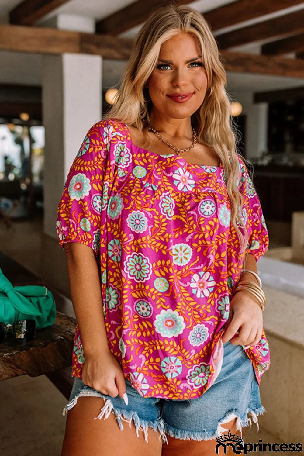 Rose Plus Size Floral Print Tie Back Blouse