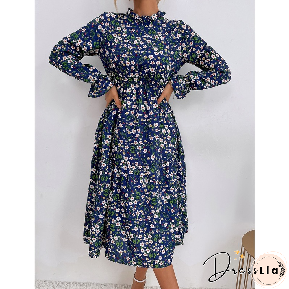 Elegant Fashion Slim Floral Print Dress Women Spring Dress New Casual High Waist Sexy Full Flared Sleeve Midi A-line Dress
