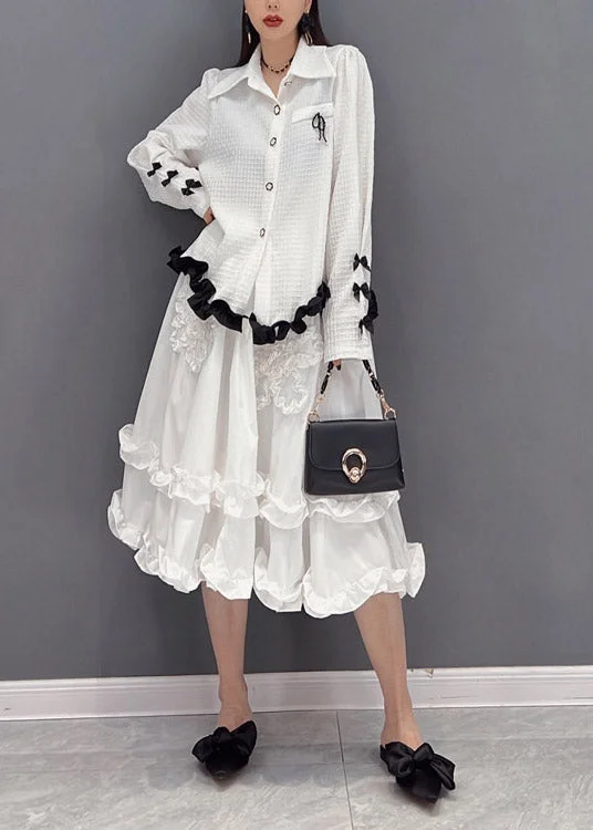 Top Quality White Embroideried Ruffled Tulle Patchwork Chiffon Dress Two Pieces Set