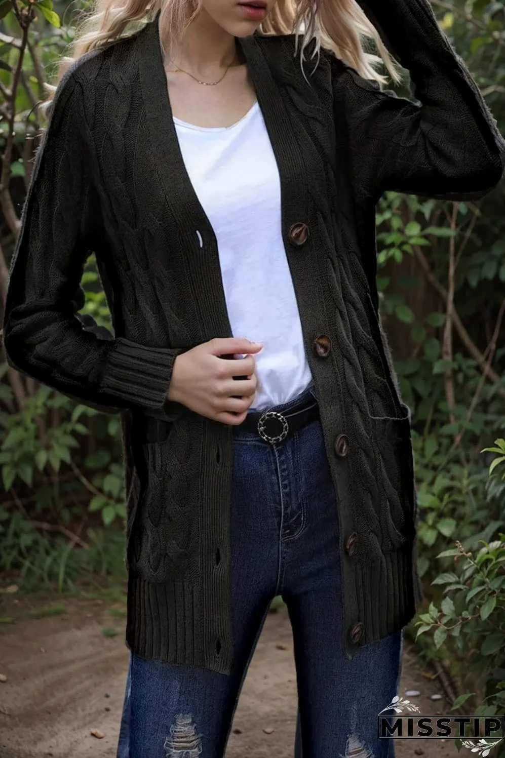 cozy cable knit button front long sleeve cardigan