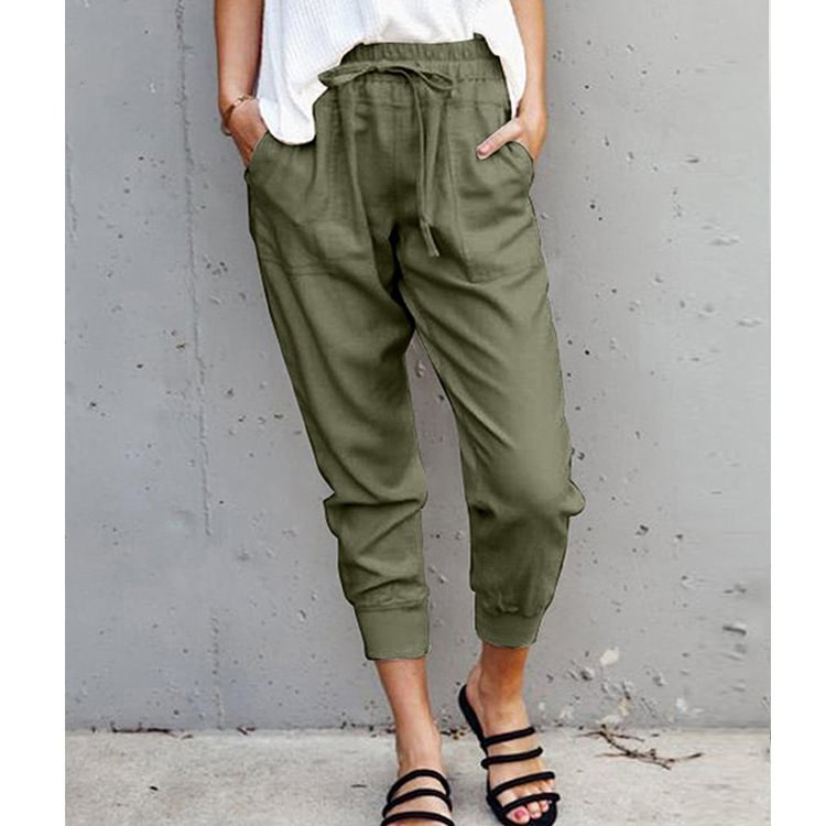 Summer Cotton And Linen Solid Color Simple Lace Casual Pants Slim Fit Slimming Skinny