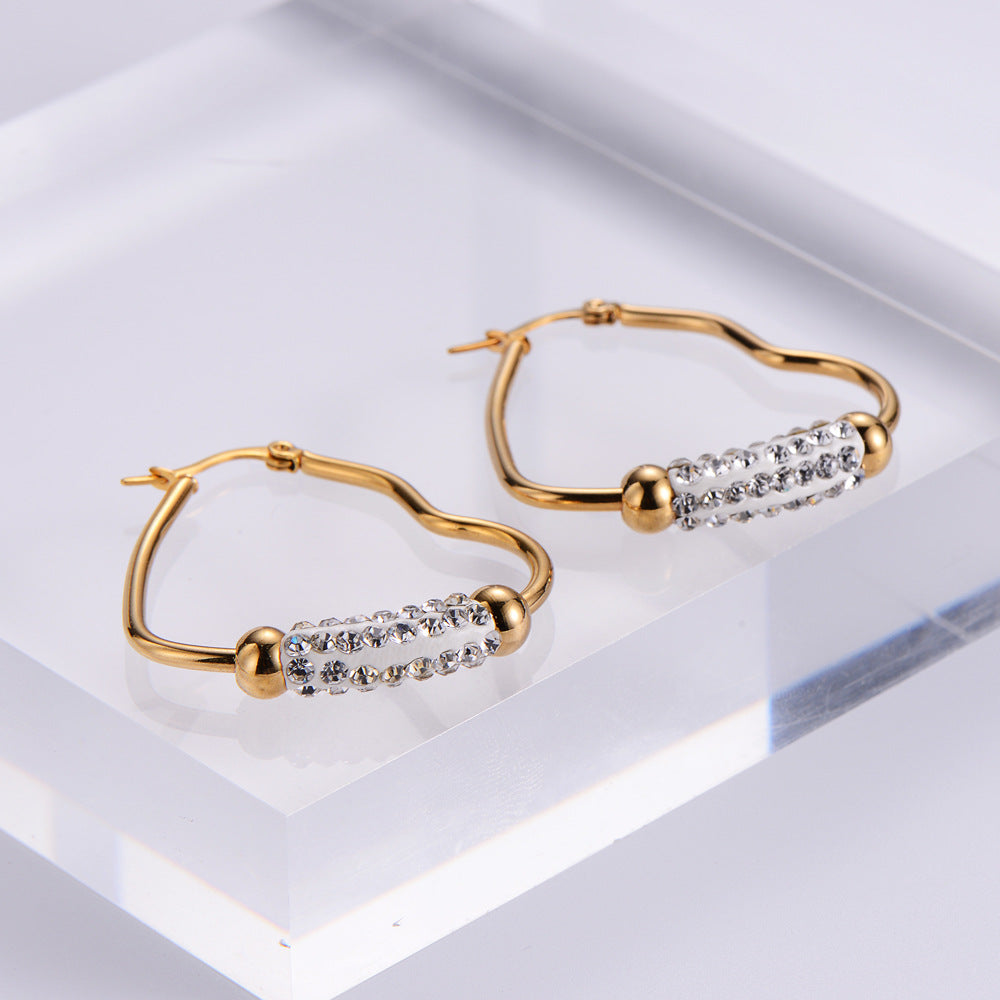 Women Minimalist Geometric Metal Heart Stainless Steel Diamond Inlay Earrings