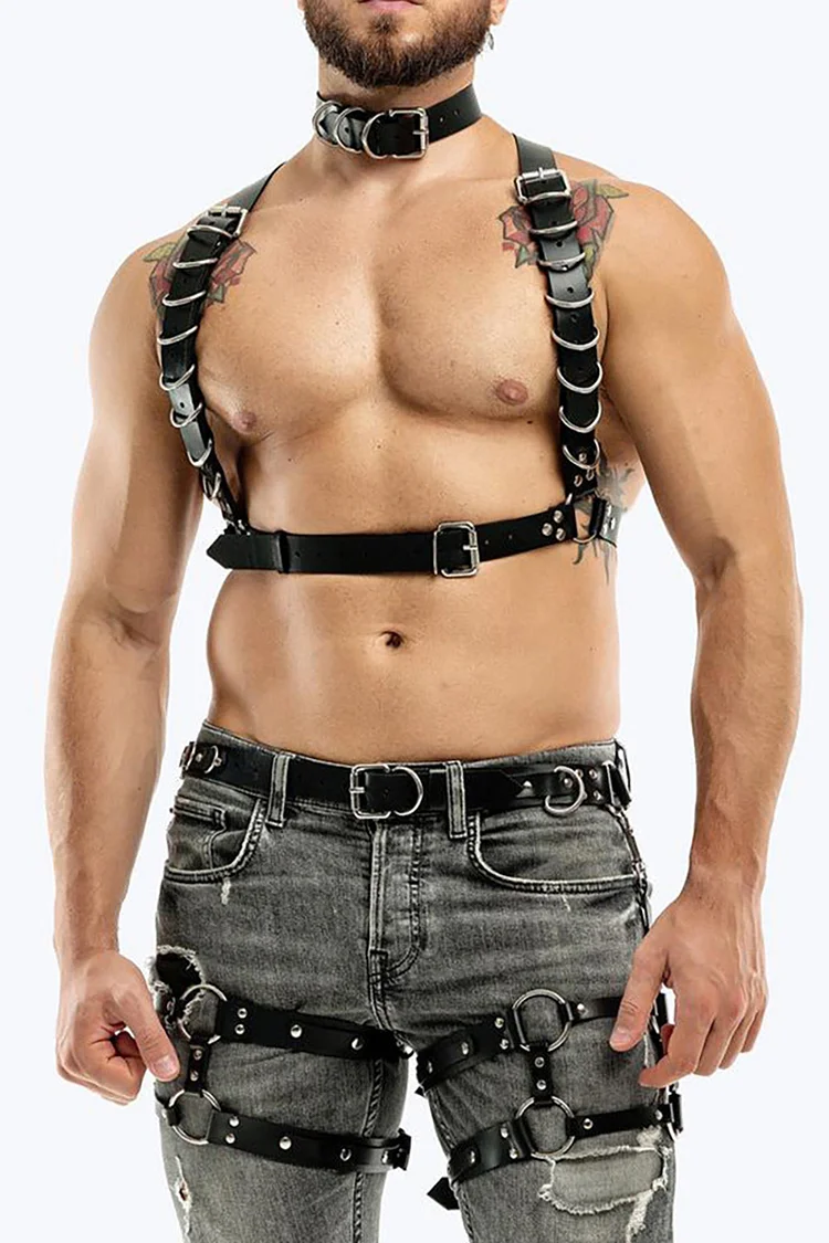 Men's PU Leather Choker+Buckle Strap+Harness Set Body Harness
