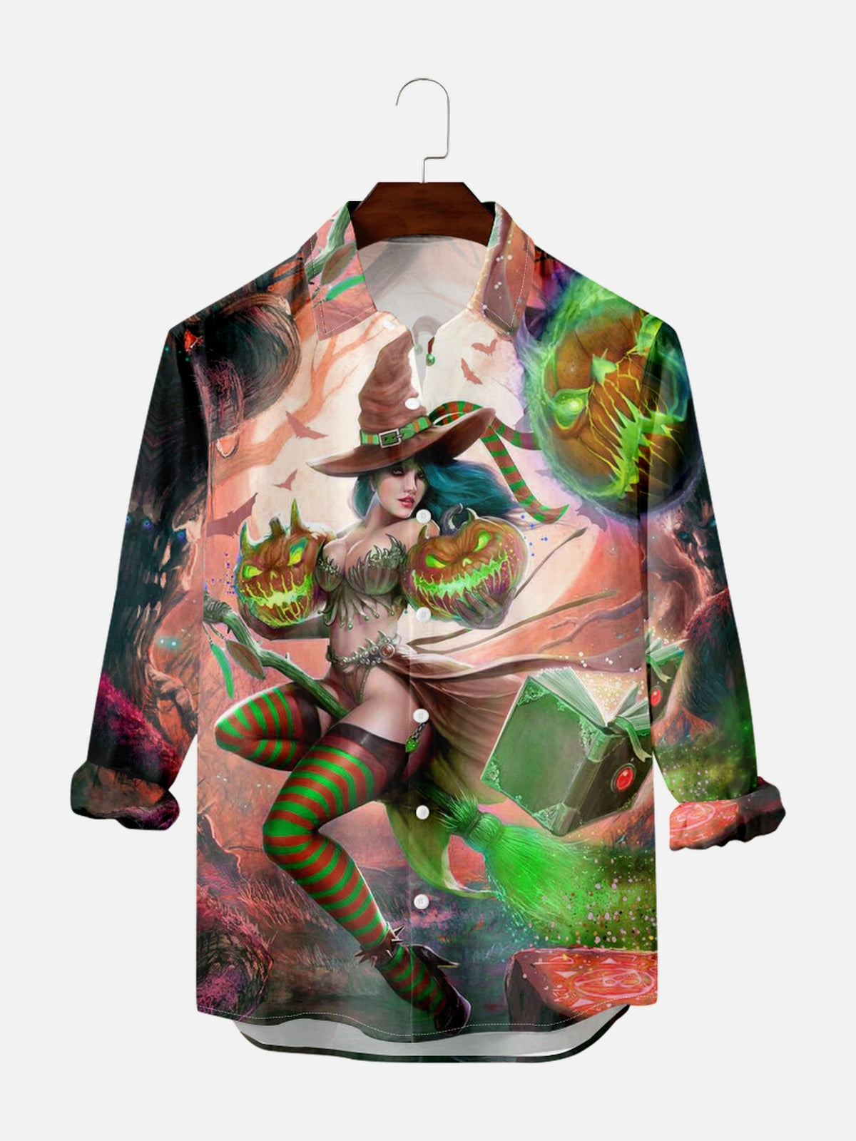 Men's Halloween Magic Witch Pattern Long Sleeve Shirt PLUSCLOTHESMAN