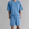 Men's Casual Loose-Fit Solid-Color Crewneck T-Shirt & Shorts Two-Piece Athletic Set by Inlyline