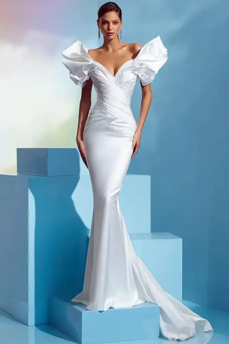 Off Shoulder Puff Sleeve Ruched Mermaid Maxi Dress-White [Custom-Made]