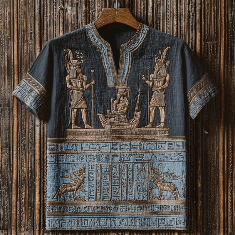 Ancient Egyptian Mythology Inspired Embroidered Linen Shirt
