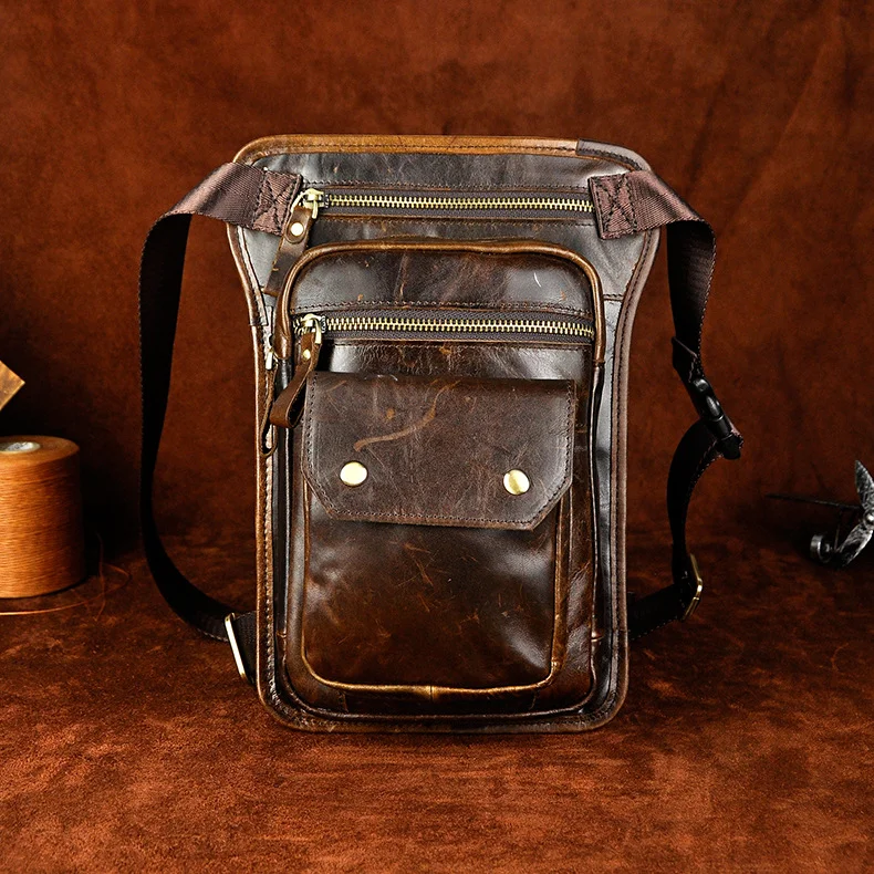Original Leather Men Design Casual Messenger Shoulder Sling Bag Fashion Multifunction Waist Belt Pack Drop Leg Bag Pouch