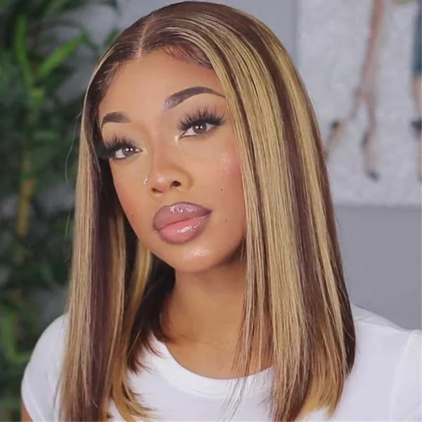 Straight Bob Wig T Part Wig Highlight Ombre Color Pre Plucked with Baby Hair