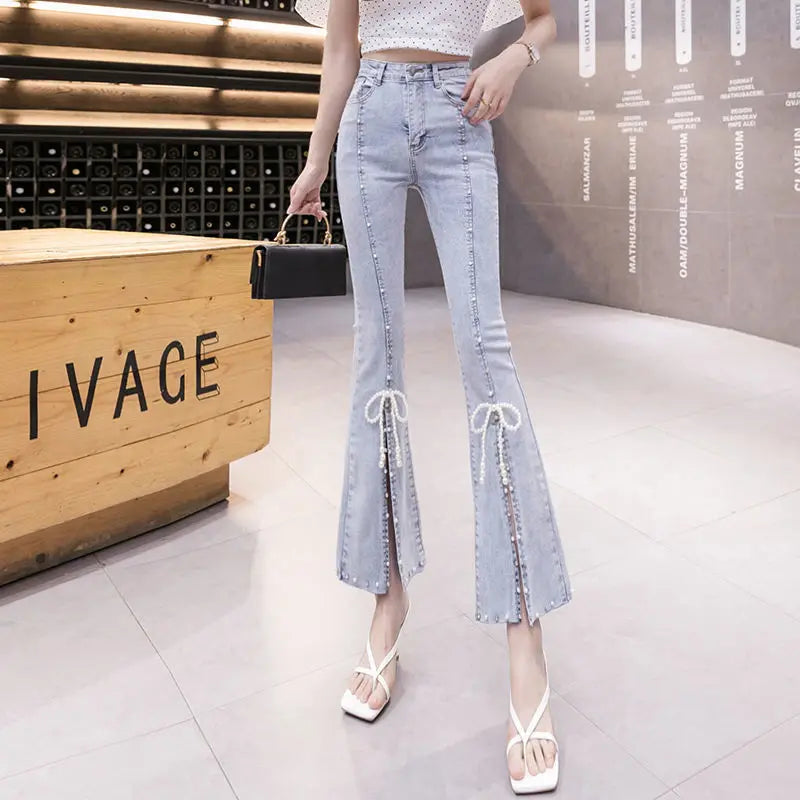 Aiertu Spring New Bow Slim Fit Flare Split Jeans Women Casual Wash Fashion High Waist Snowflake Beading Light Blue Denim Cropped Pants Aiertu