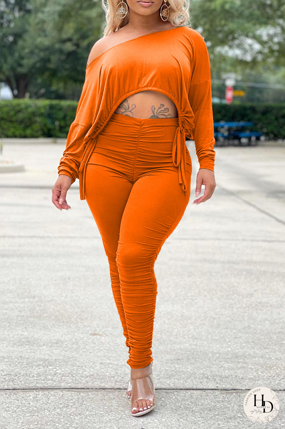 Tangerine Red Sexy Solid Split Joint One Shoulder Long Sleeve Two Pieces