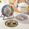 4PCS Wooden Diamond Painted Placemat Round Placemat with Holder(Rose Bouquet)