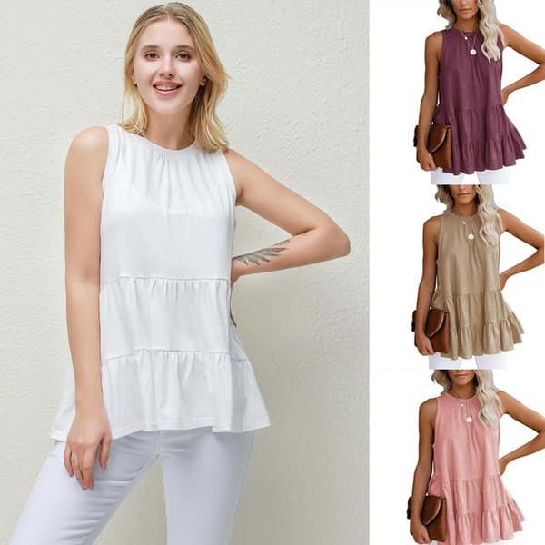 Women Fashion Spring Summer Sleeveless Loose Solid Color Splicing T-shirt Tops - Chicaggo