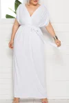 Plus Size Elegant Lace Up Solid Deep V Neck Maxi Dress