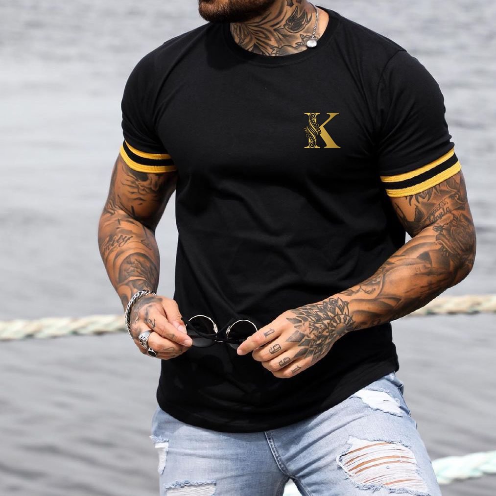 Men's Fashion K Print Color Matching Casual Slim Fit Short Sleeve T-Shirt、、URBENIE
