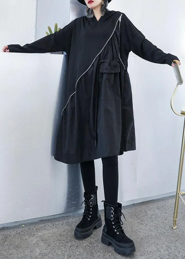 Elegant black cotton Wardrobes zippered long fall Dress