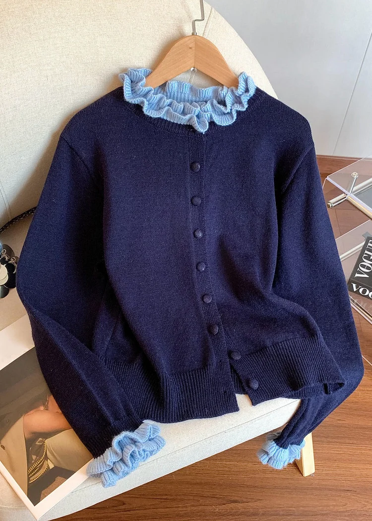 New Navy Original Design Patchwork Knit Coats Petal Sleeve