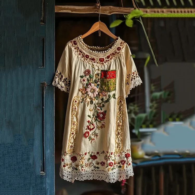 Women's Vintage Embroidered Floral Lace Midi Dress