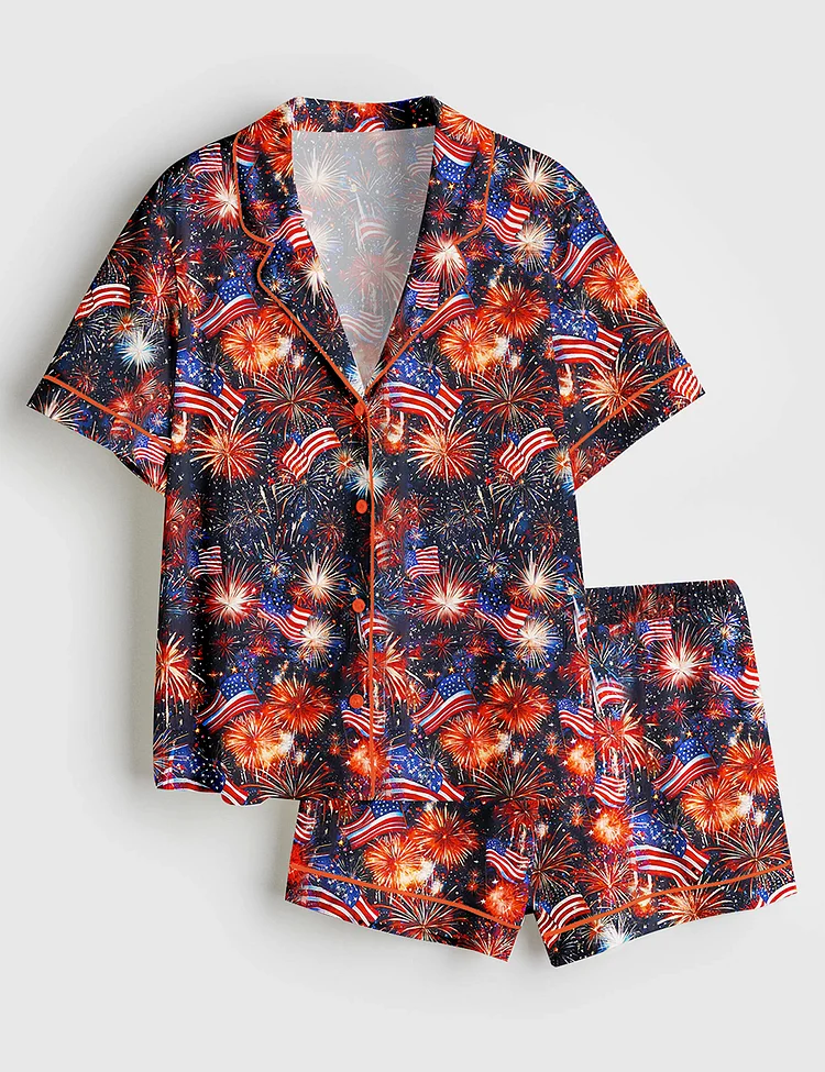 Women&rsquo;s Fourth Of July Fireworks Red White Blue USA Flag America Short Sleeve Satin Pajama Set