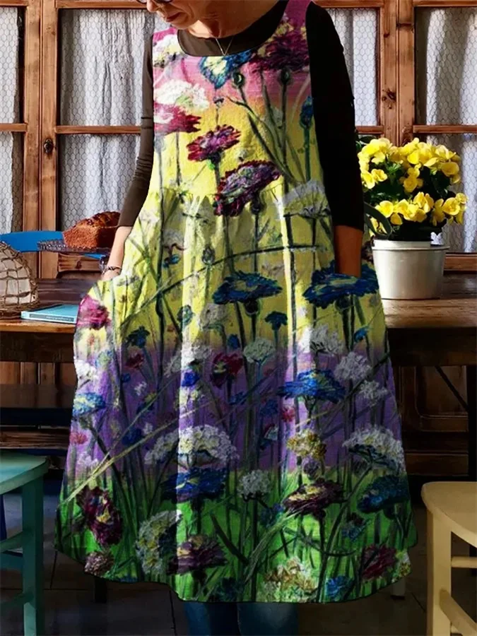 WomenRetro Casual Floral Oil Painting With Pocket Print Dress