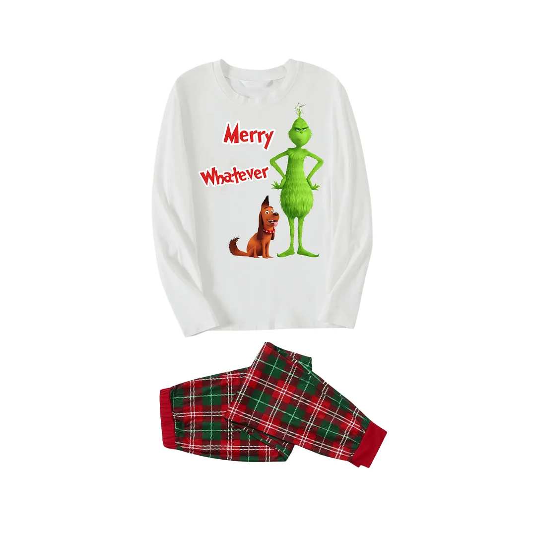 "Merry Whatever" and Cartoon Pattern Printed Red & Green Plaid Family Matching Pajamas