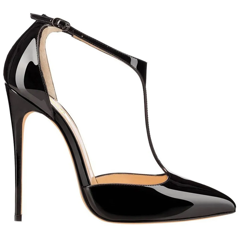 120mm Womens T-Strap Pumps High Heels Black Patent Pumps-vocosishoes