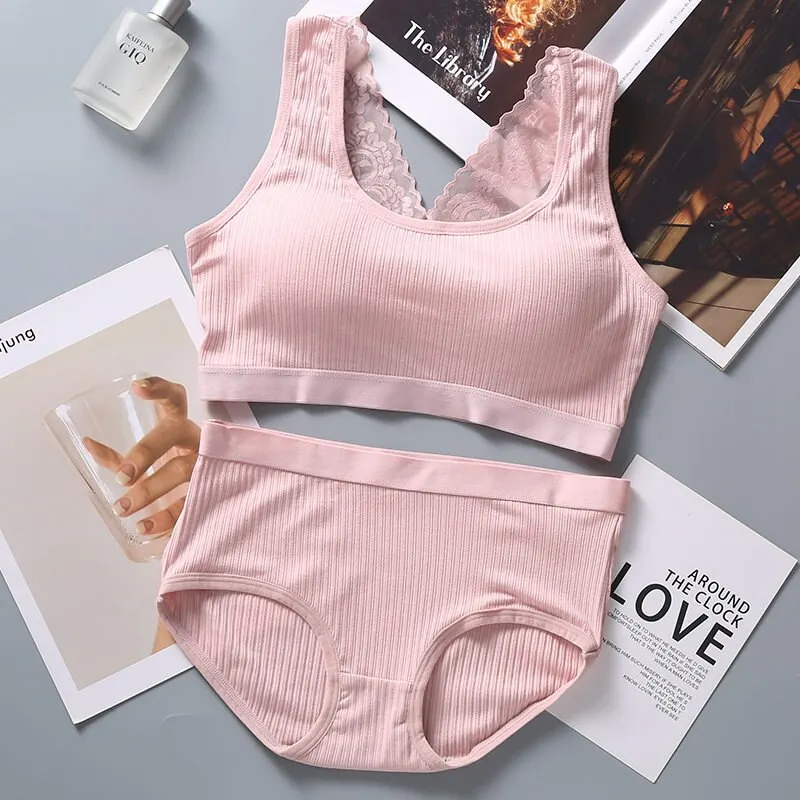 Billionm Large Size Bra&beiefs Set for Women Wireless Padded Underwear Suit Lace Striped Seamless Lingerie Set New