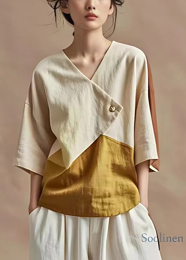 Pre sale - shipping in 30 days/French Beige V Neck Button Linen Shirt Batwing Sleeve