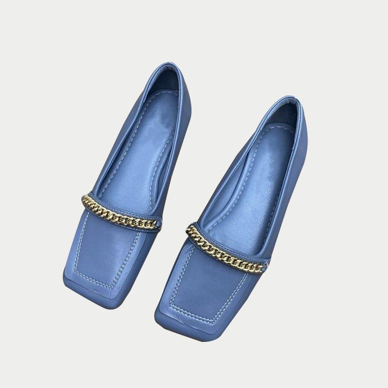 Leather Loafers Women Square Toe Metal Chain Slip-On Low Heel Shoes