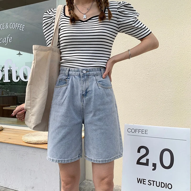 Fitaylor 2021 New Spring Summer High Waist Retro Blue Denim Shorts Streetwear Female Wide Leg Loose Button Ladies Jeans Shorts