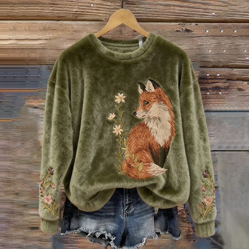Fox And Floral Pattern Warm Plush Pullover Sweater elevenforest