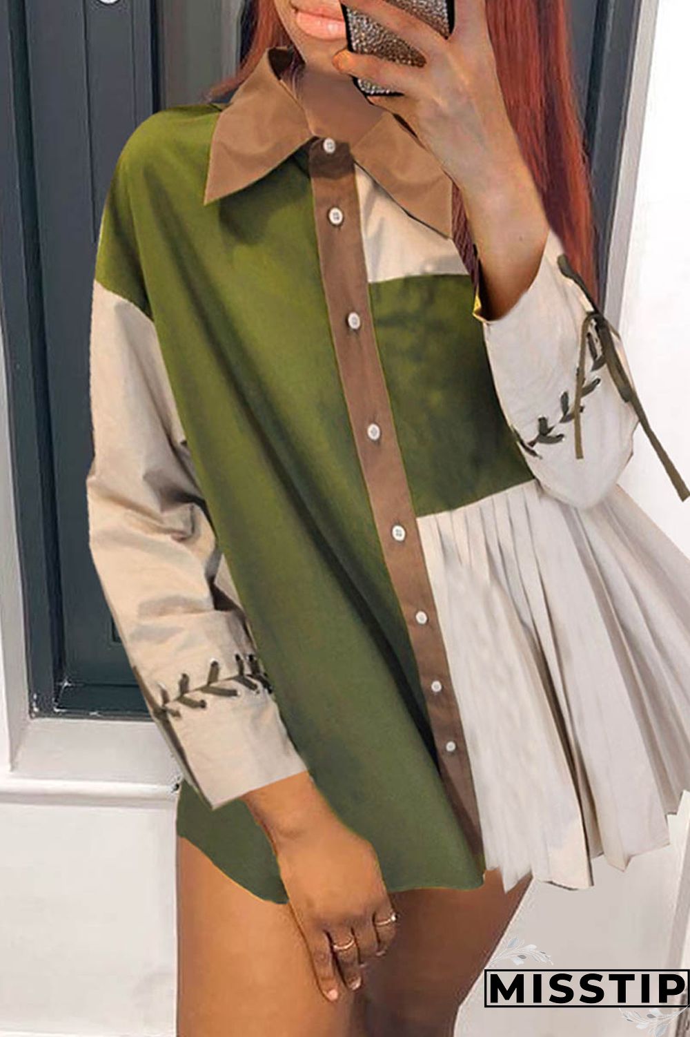Green Casual Patchwork Turndown Collar Tops