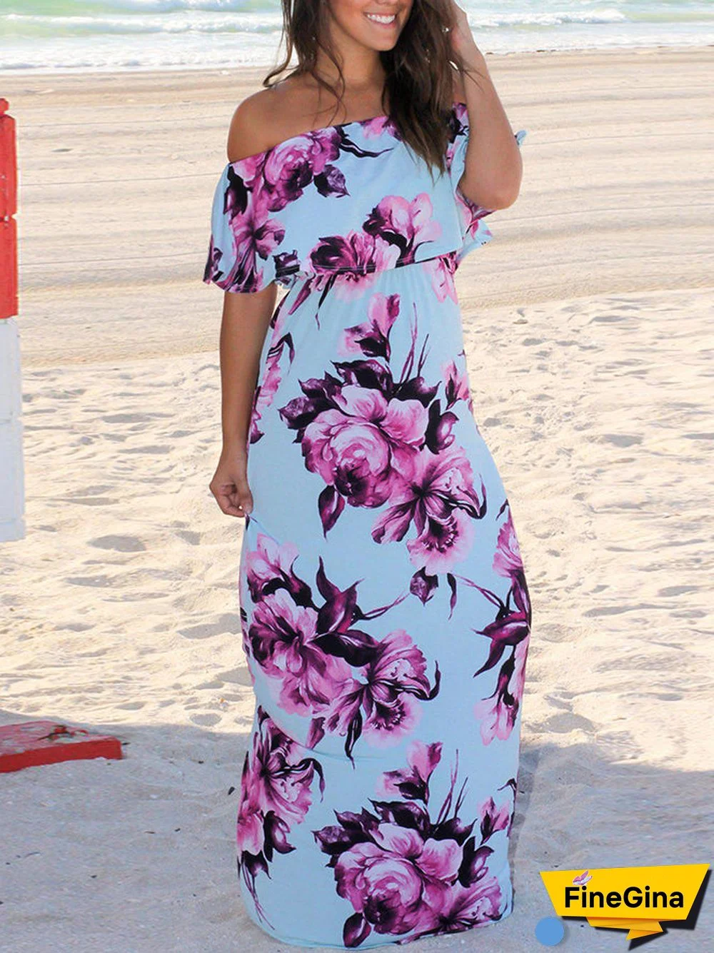 Off Shoulder Short Sleeve Floral Maxi Dress