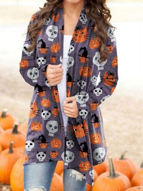 Halloween Pumpkin Skull Cat Printed Daily Cardigan Coats