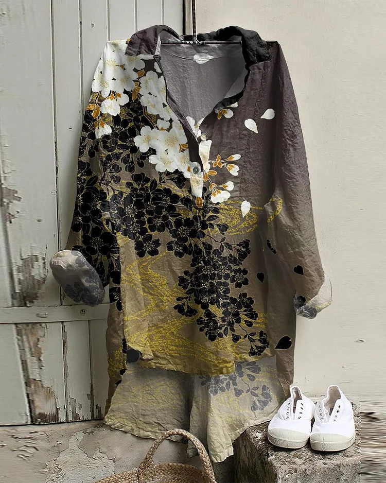 Japanese Art Flower Cotton And Linen Button Leisure Tunic