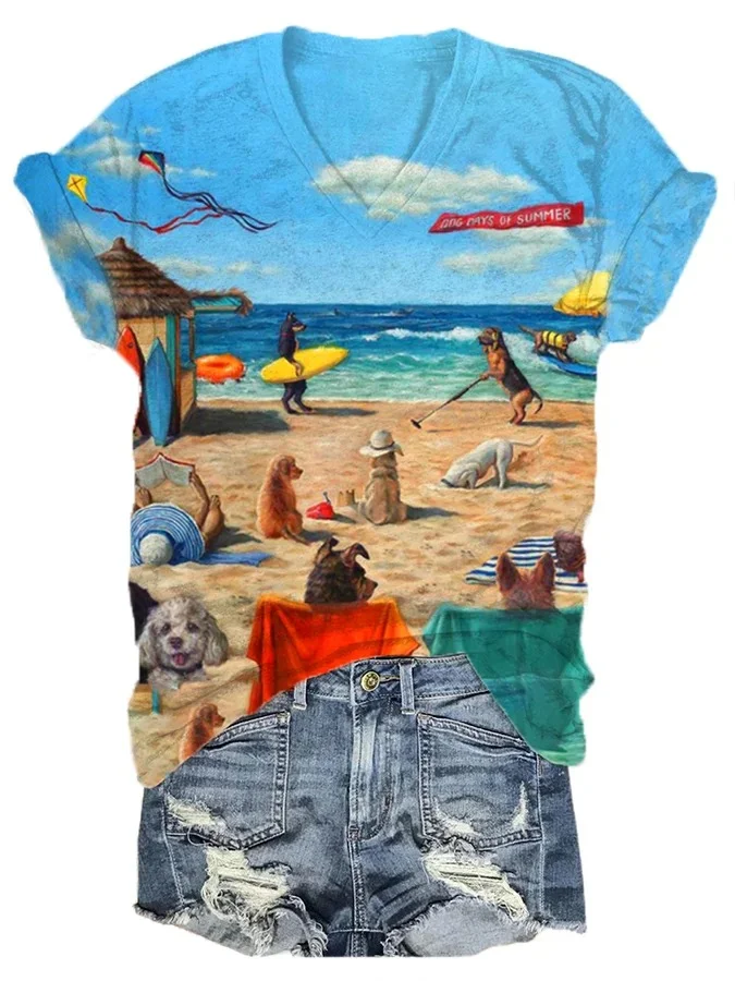 Women'S Beach Dog Print T-Shirt