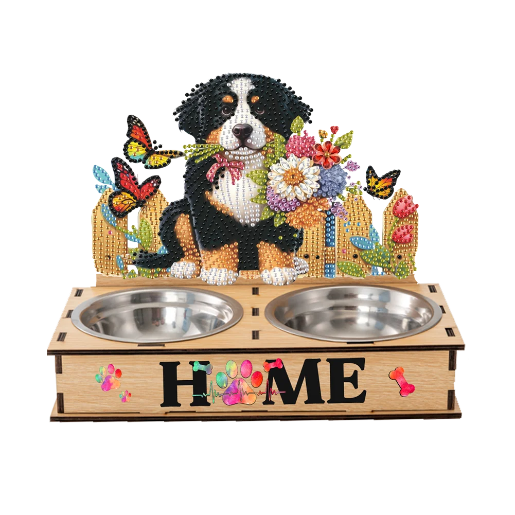 Diamond Painting Food Bowl with Wood Stand Diamond Art Dog Bowl for Small Dogs
