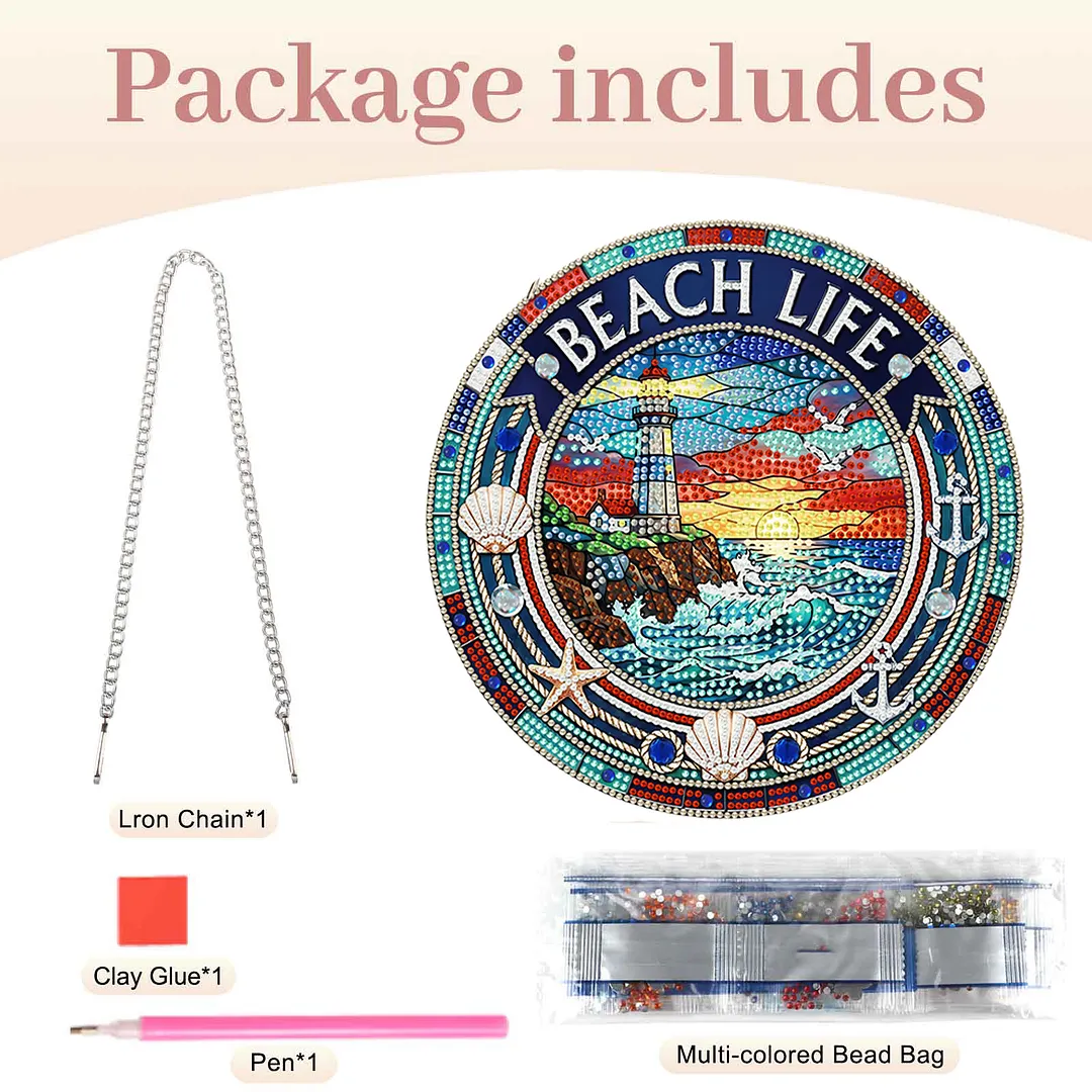 Beach Life DIY 2D Flat Acrylic 5D DIY Diamond Painting Dots Pendant with Crystal Special Shape Rhinestone Diamond Painting Pendant Kits Single-Sided Drill Hanging Diamond Art Set for Home Garden