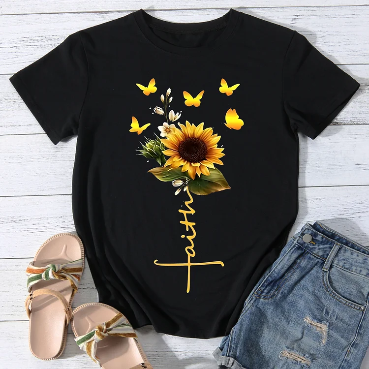 Faith Butterfly Sunflowers Casual Round Neck T-Shirt -BSTC1330