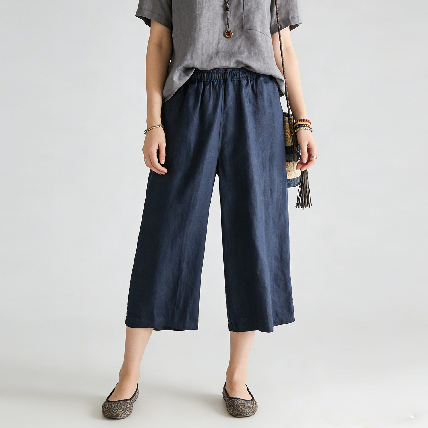 Women's Linen Capri Pants with Elastic Waist REAL SILK LIFE