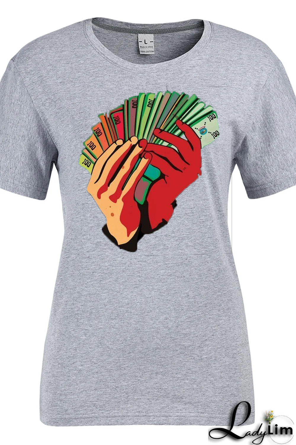 Grey Fashion Street Print Split Joint O Neck T-Shirts