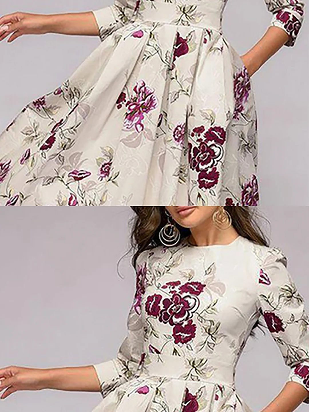 Beige A-Line Paneled Floral Party Midi Dress