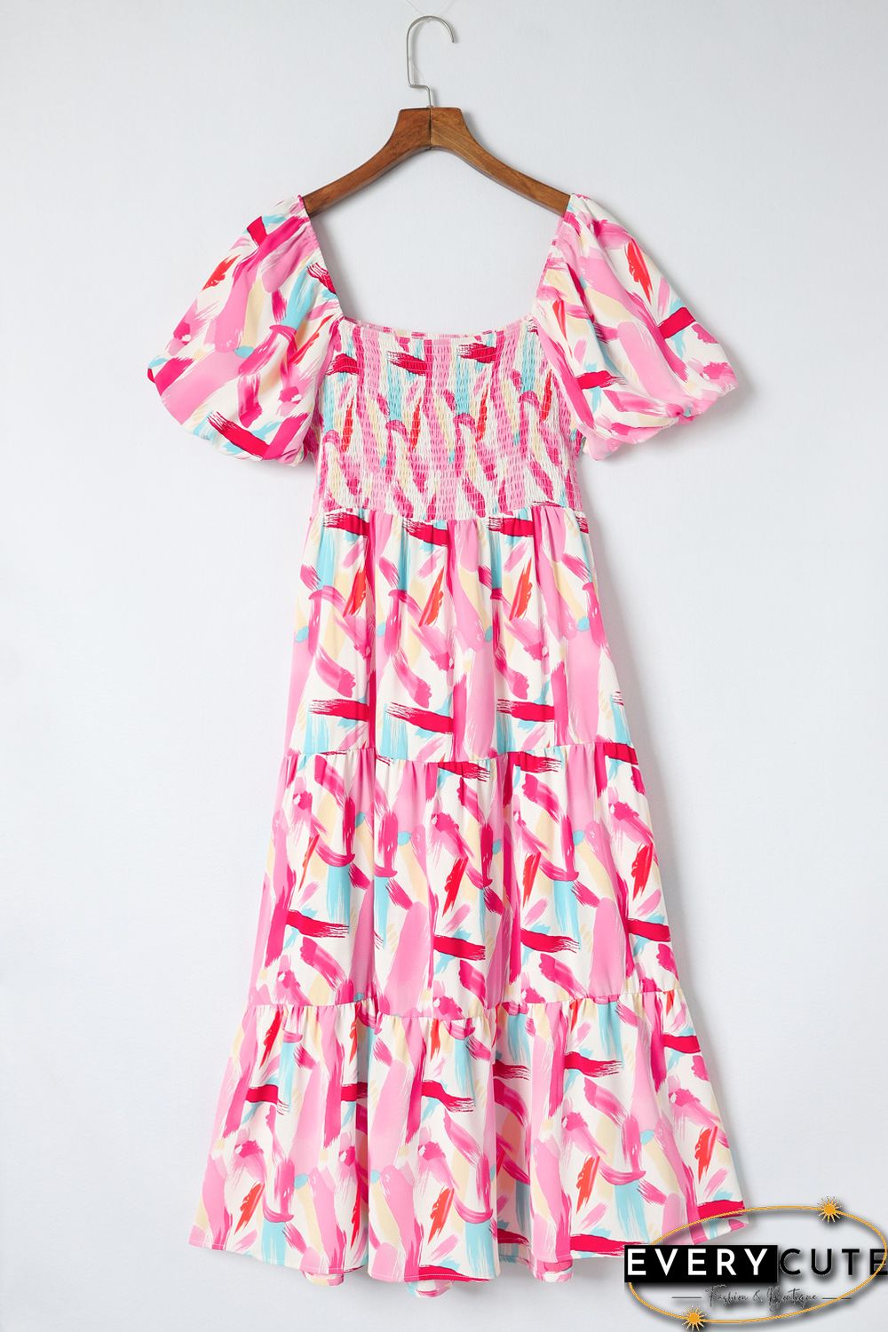 Pink Brush Stroke Printed Smocked Ruffle Tiered Dress