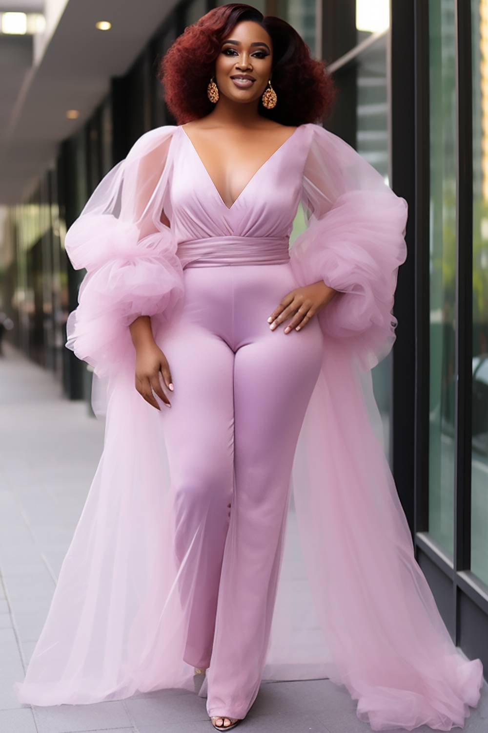 Design Plus Size Party Elegant Pink V Neck Puff Sleeve Long Sleeve See Through Contrast Satin Jumpsuits [Pre-Order]