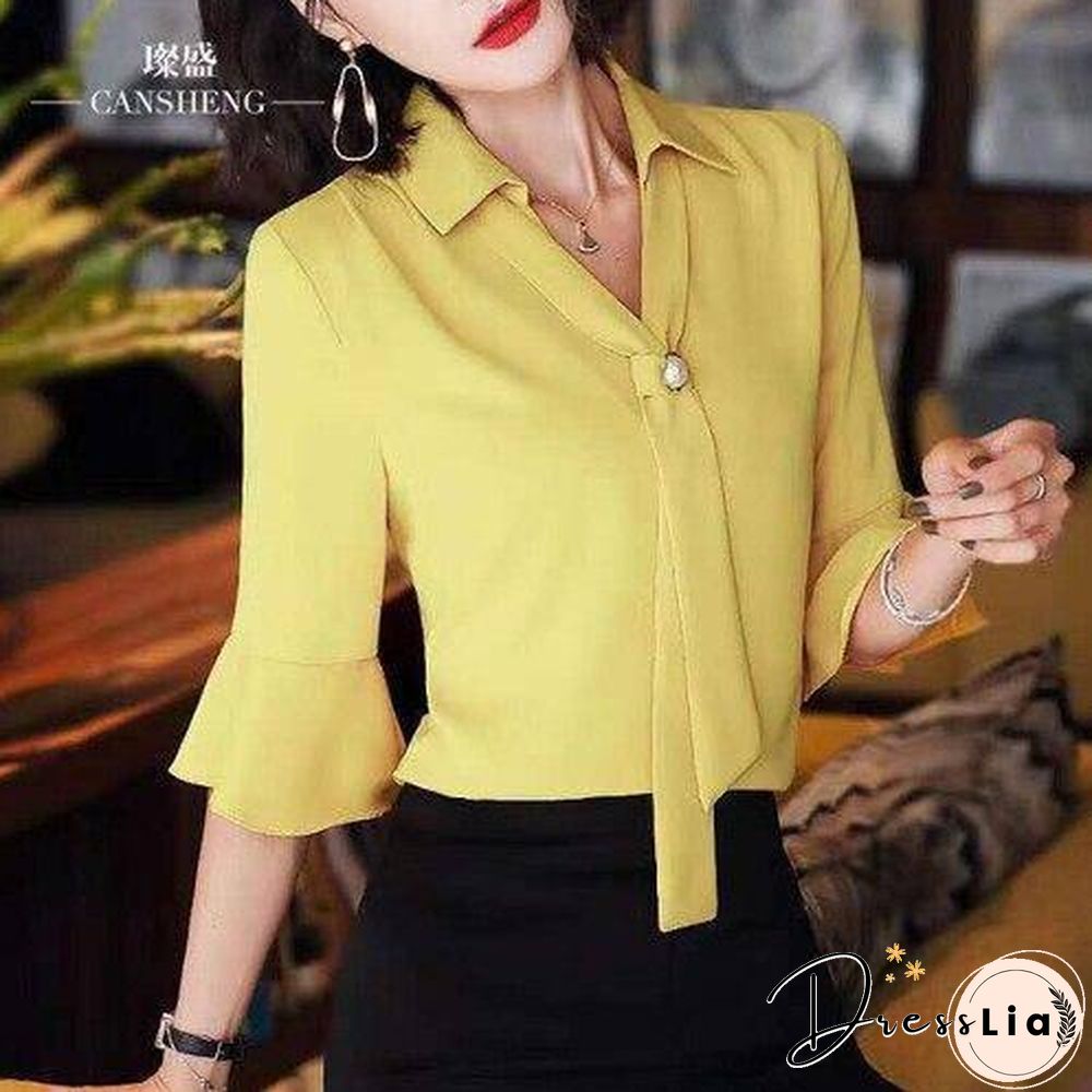 Korean Silk Women Blouses Woman Satin Blouse Tops Plus Size Blusas Mujer De Moda Women V Neck Soild Shirt Top Camisas Mujer