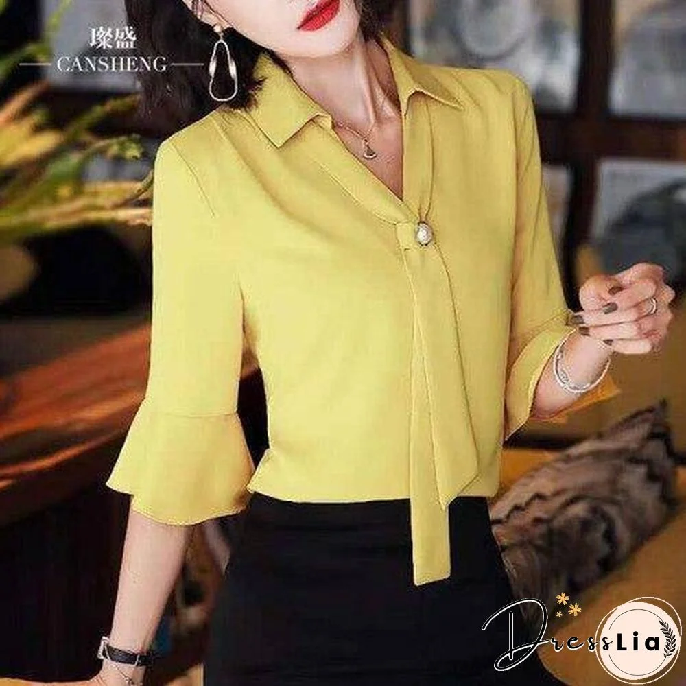 Korean Silk Women Blouses Woman Satin Blouse Tops Plus Size Blusas Mujer De Moda Women V Neck Soild Shirt Top Camisas Mujer